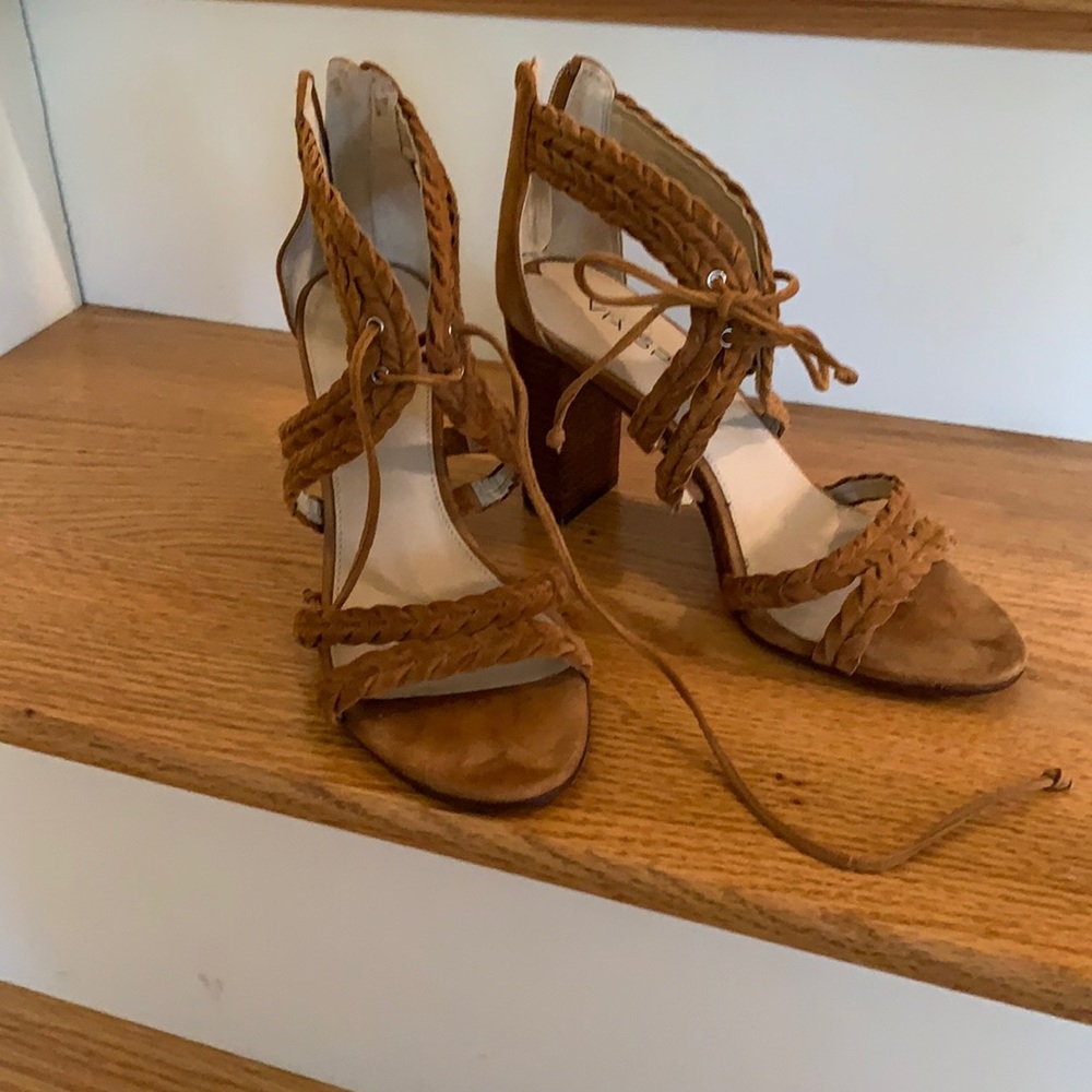 Lightly worn  dark tan suede heel sandals size 5.5